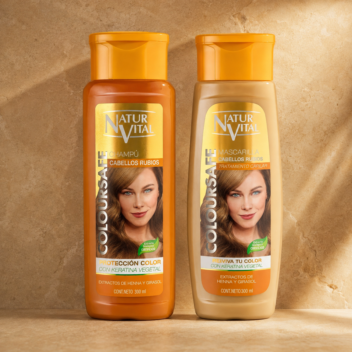 Dúo NaturVital ColourSafe cabellos rubios, shampoo y mascarilla, envases frontales
