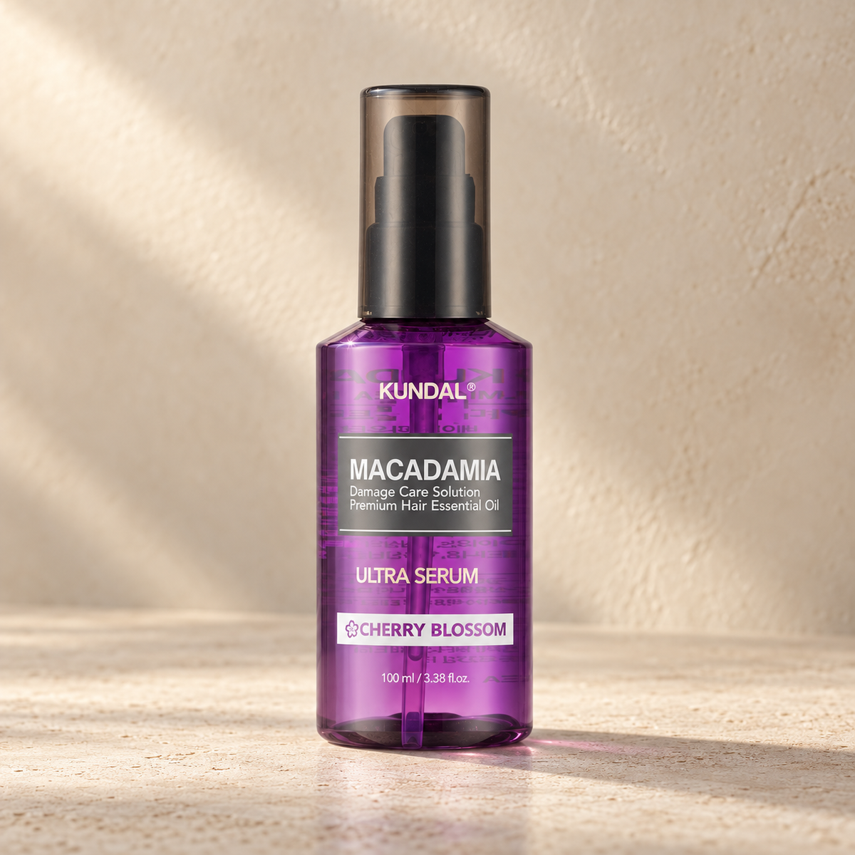 Sérum capilar Kundal Macadamia Ultra Cherry Blossom 100 ml, envase frontal