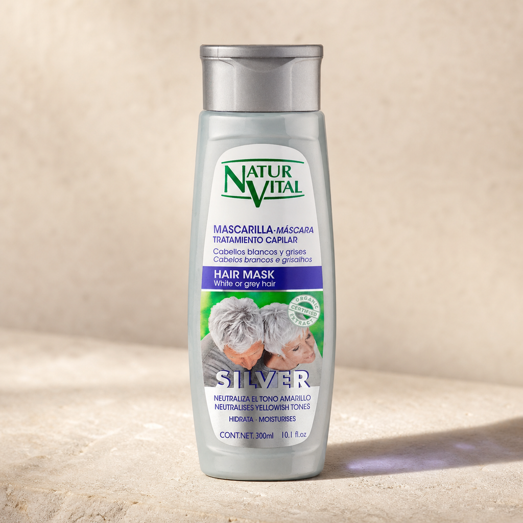 Mascarilla matizante NaturVital Silver para canas 300 ml, envase frontal
