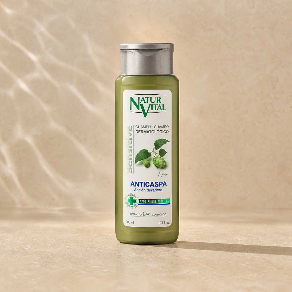 Shampoo NaturVital Sensitive anticaspa para cuero cabelludo sensible 300 ml, envase frontal
