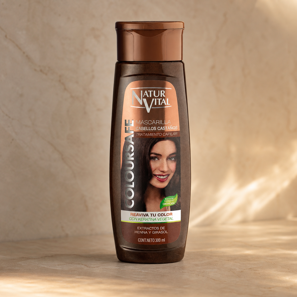 Mascarilla con color NaturVital ColourSafe para cabellos castaños 300 ml, envase frontal
