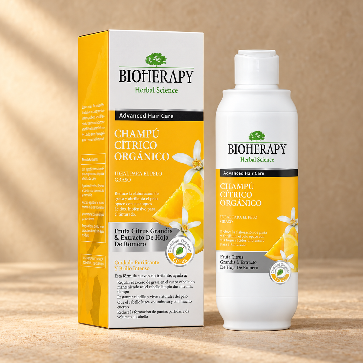 Shampoo Bioherapy Cítrico orgánico para cabello graso 330 ml, envase y caja