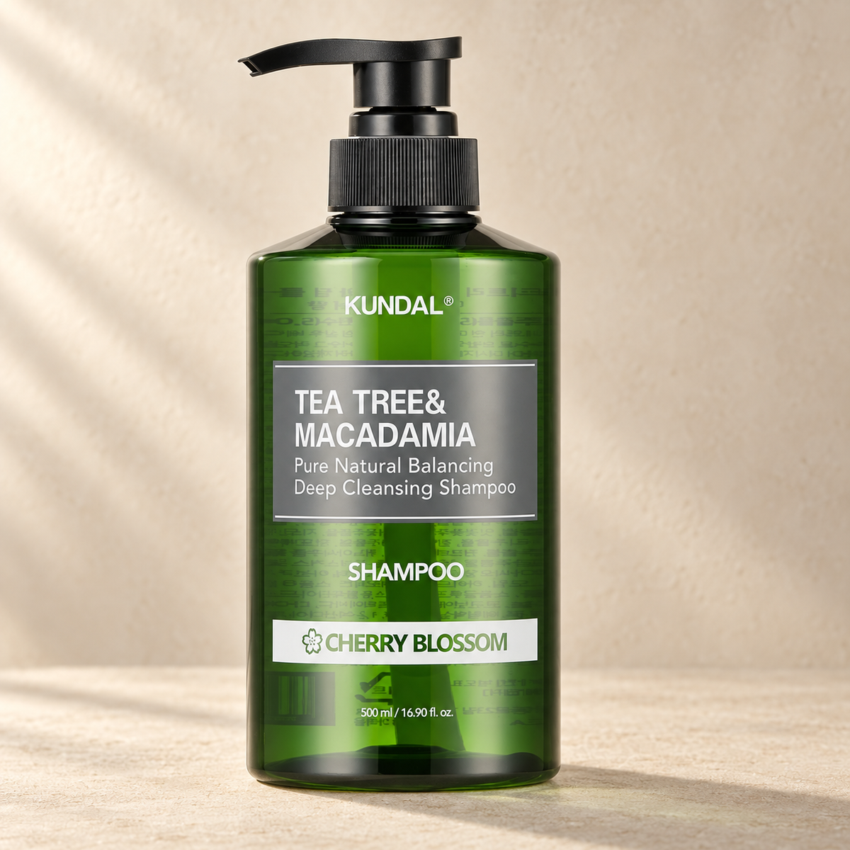 Shampoo Kundal Tea Tree & Macadamia Cherry Blossom 500 ml, envase frontal