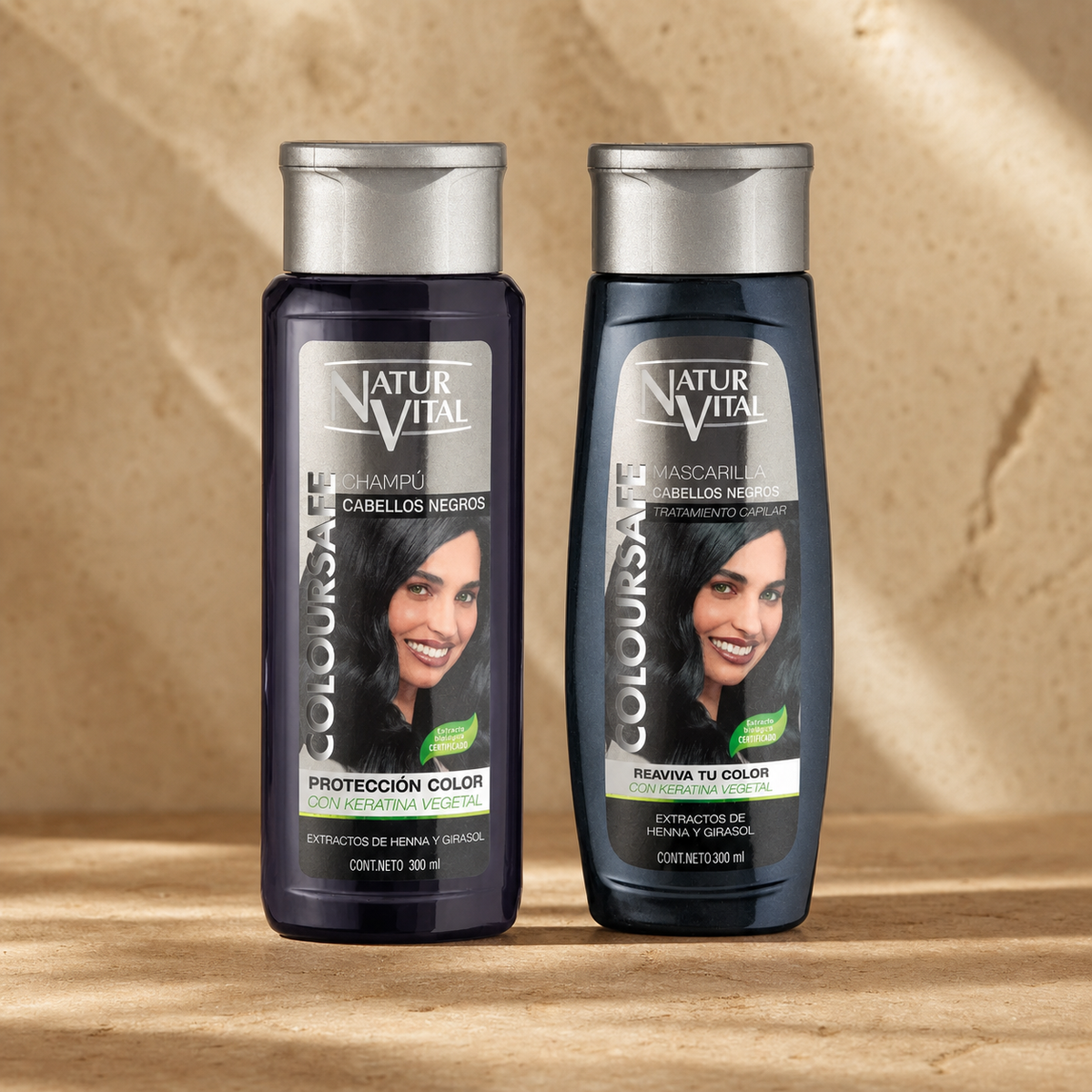 Dúo NaturVital ColourSafe cabellos negros, shampoo y mascarilla, envases frontales