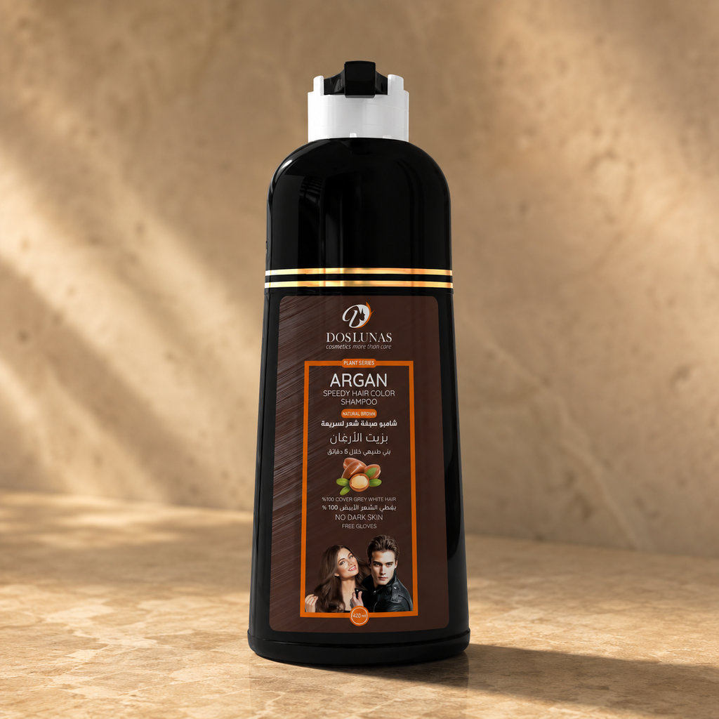 Shampoo colorante Dos Lunas Argán castaño natural 420 ml, envase frontal