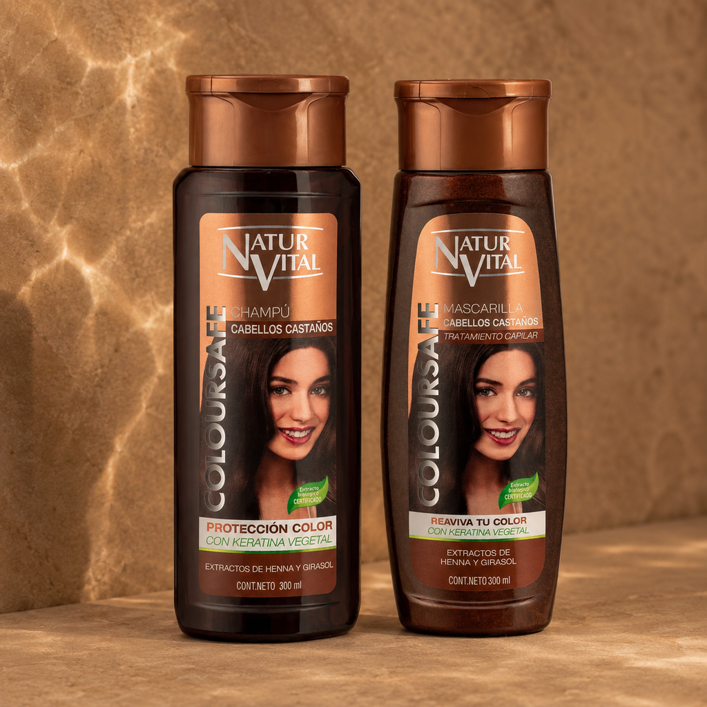 Dúo NaturVital ColourSafe cabellos castaños, shampoo y mascarilla, envases frontales