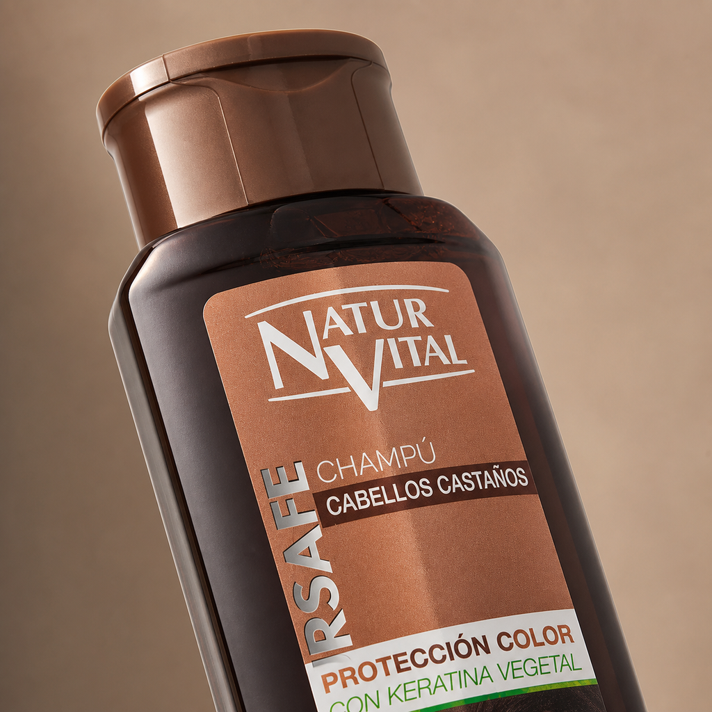 Detalle de la etiqueta del Shampoo NaturVital ColourSafe para cabellos castaños 300 ml