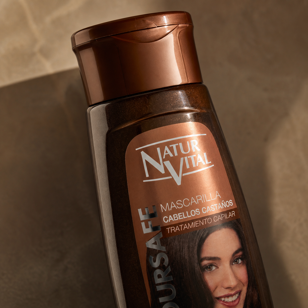 Detalle de la etiqueta de la Mascarilla con color NaturVital ColourSafe para cabellos castaños 300 ml