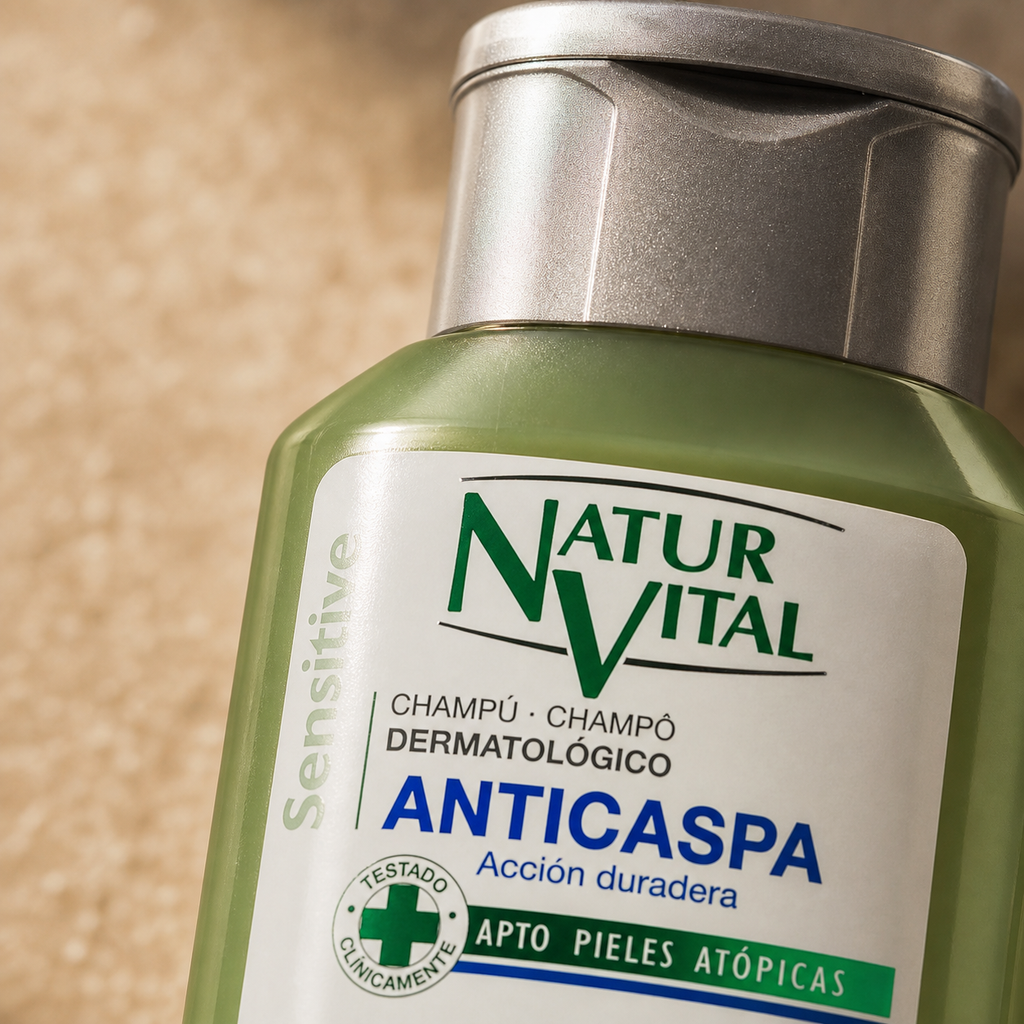 Detalle de la etiqueta del Shampoo NaturVital Sensitive anticaspa para cuero cabelludo sensible 300 ml