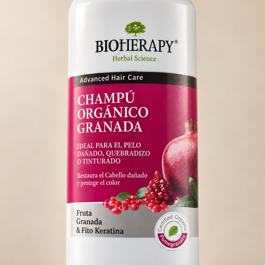 Detalle de la etiqueta del Shampoo Bioherapy Granada orgánico para cabello dañado y teñido 330 ml