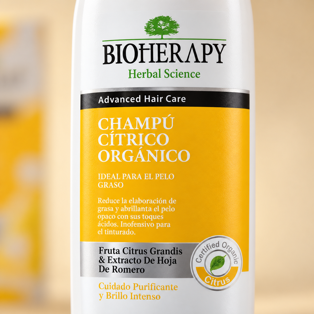 Detalle de la etiqueta del Shampoo Bioherapy Cítrico orgánico para cabello graso 330 ml