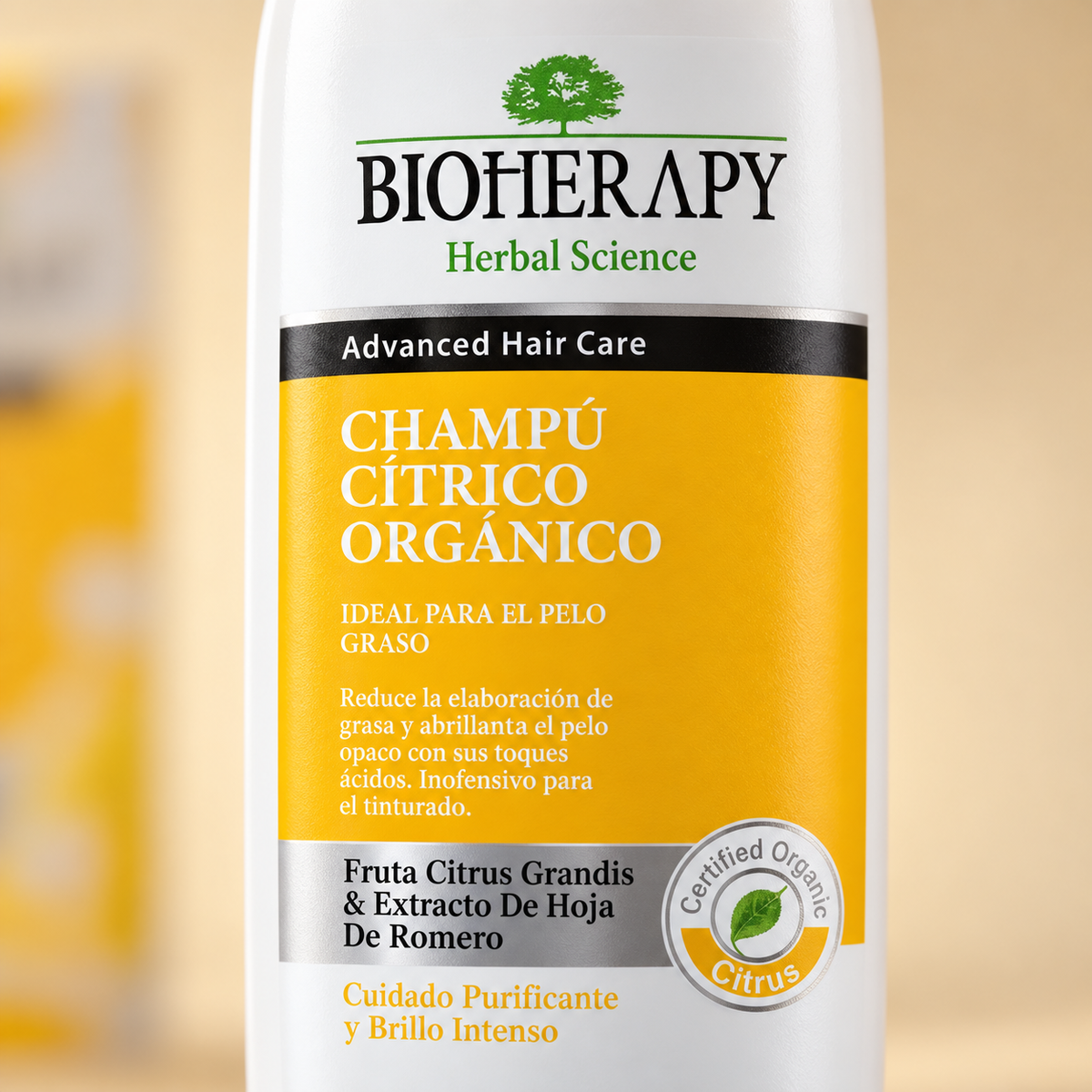 Detalle de la etiqueta del Shampoo Bioherapy Cítrico orgánico para cabello graso 330 ml