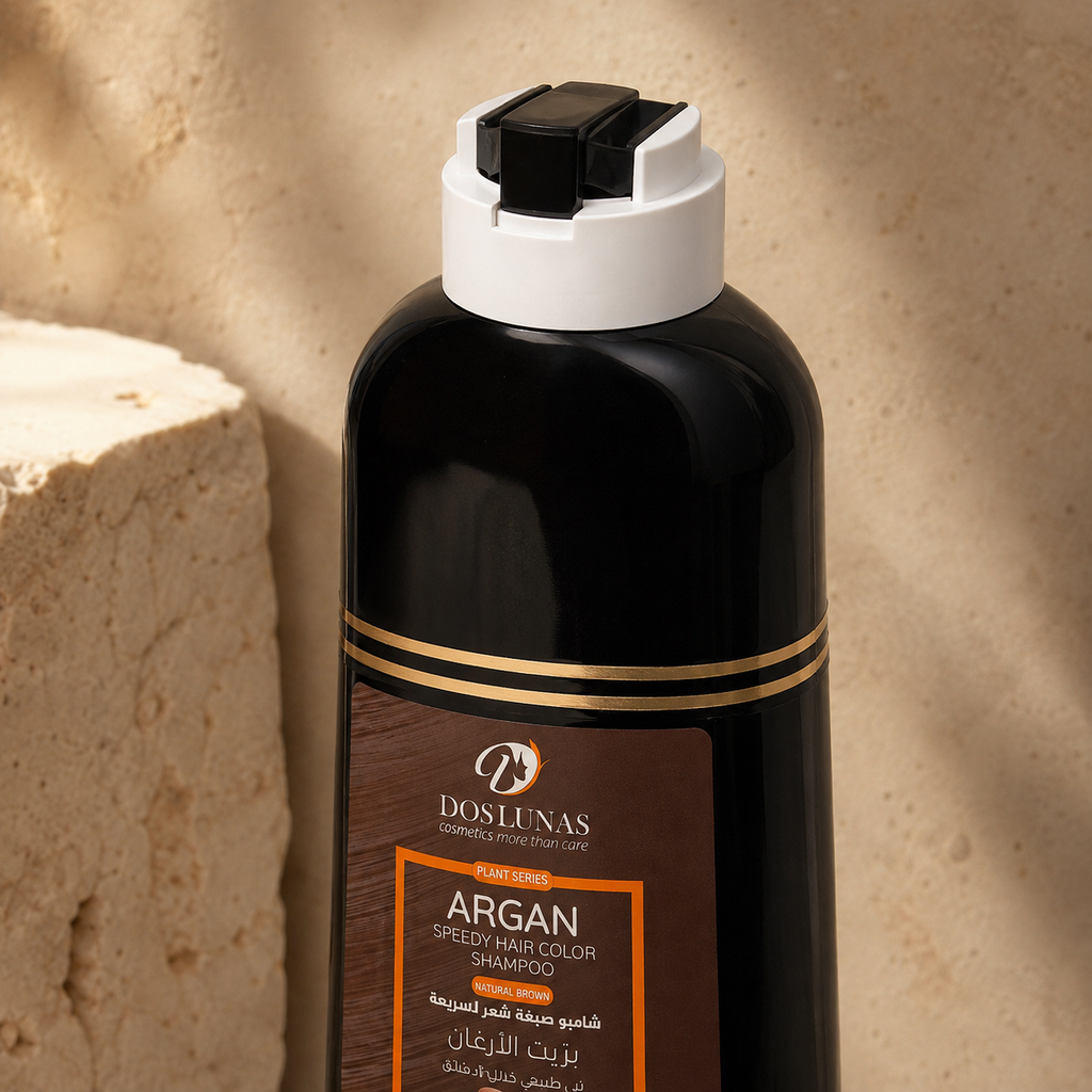Detalle de la etiqueta del Shampoo colorante Dos Lunas Argán castaño natural 420 ml