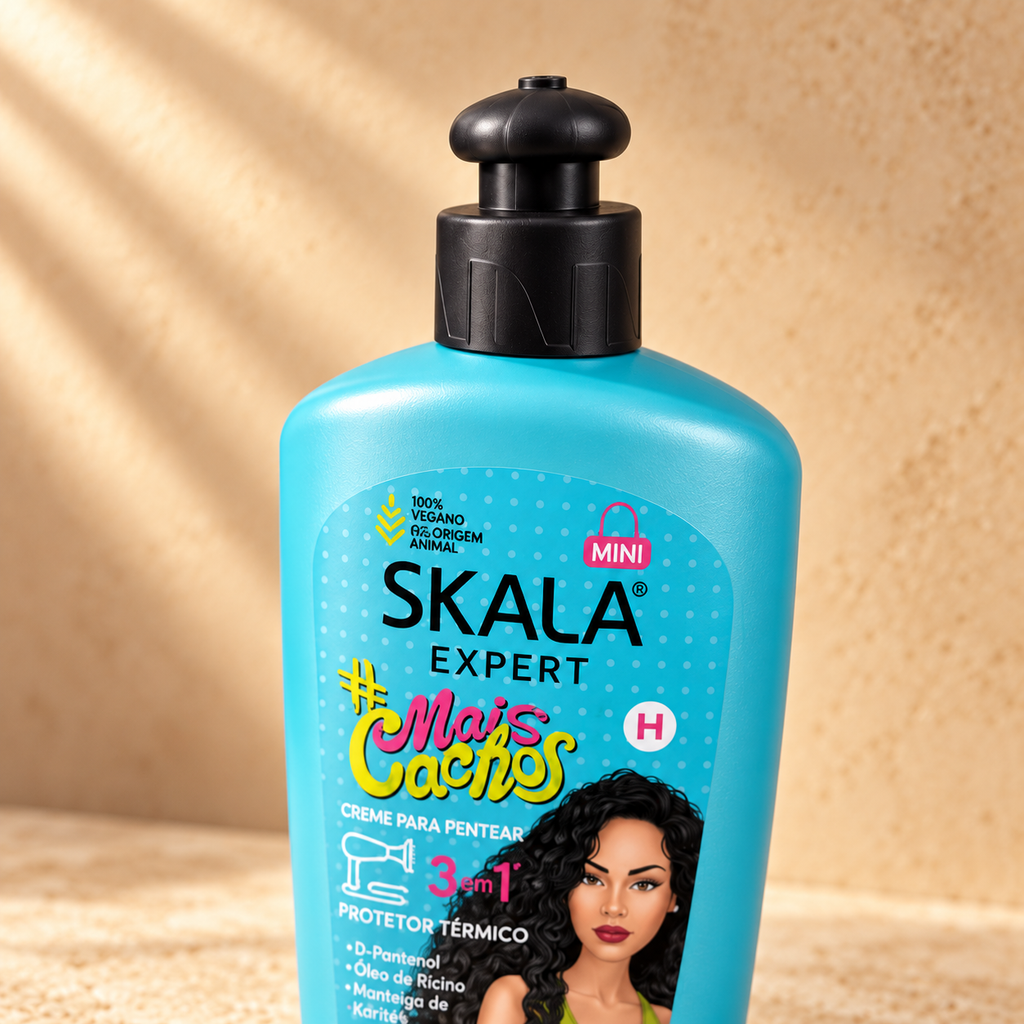 Detalle de la etiqueta Skala Expert #Mais Cachos: crema para peinar 3 en 1 con protector térmico