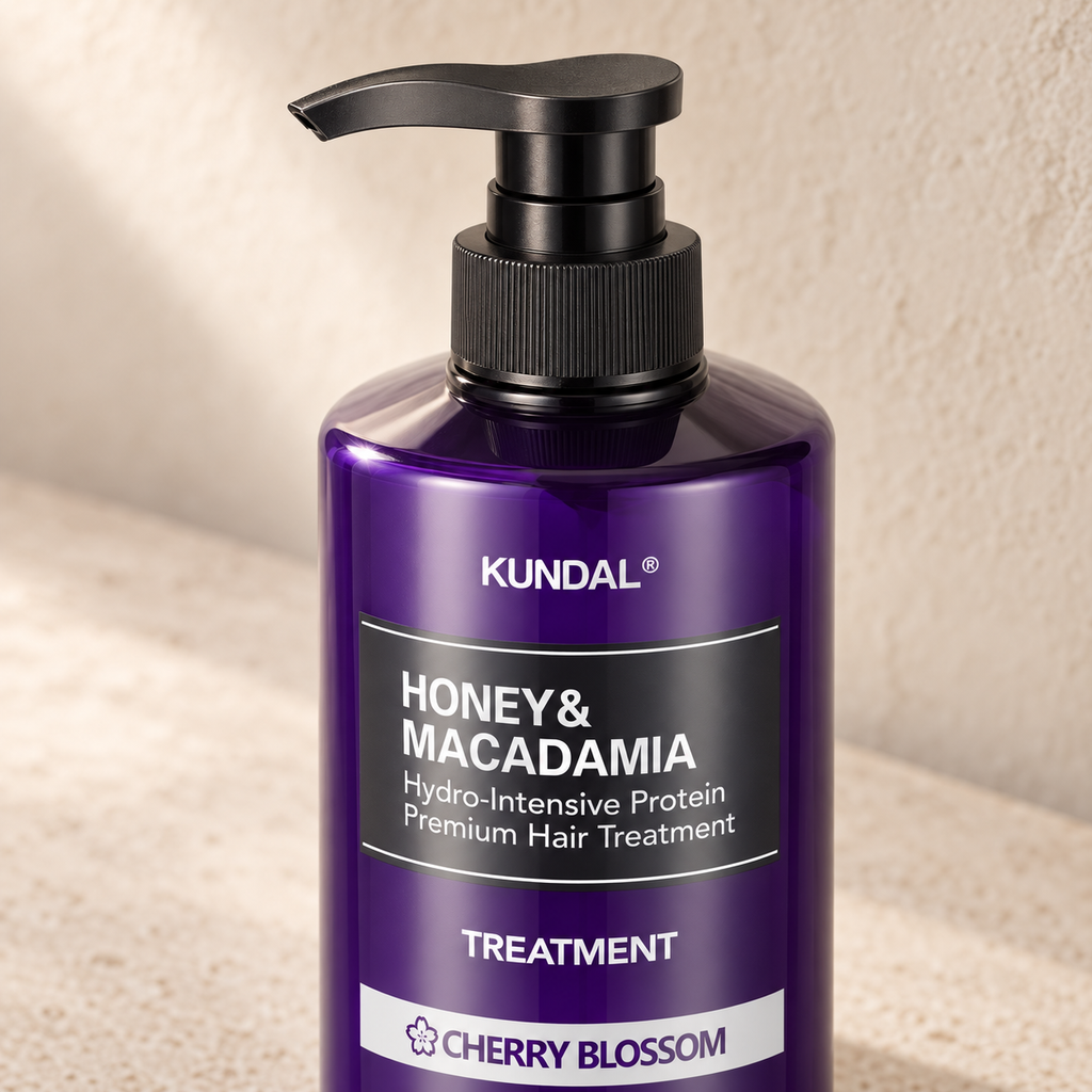 Detalle de la etiqueta del Acondicionador Kundal Honey & Macadamia Cherry Blossom 500 ml