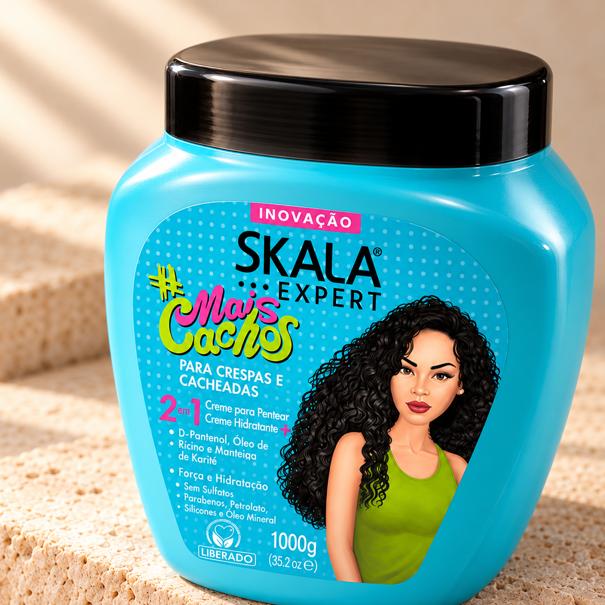 Detalle de la etiqueta del pote Skala Expert #Mais Cachos: crema para peinar y crema hidratante 2 en 1, 1000 g