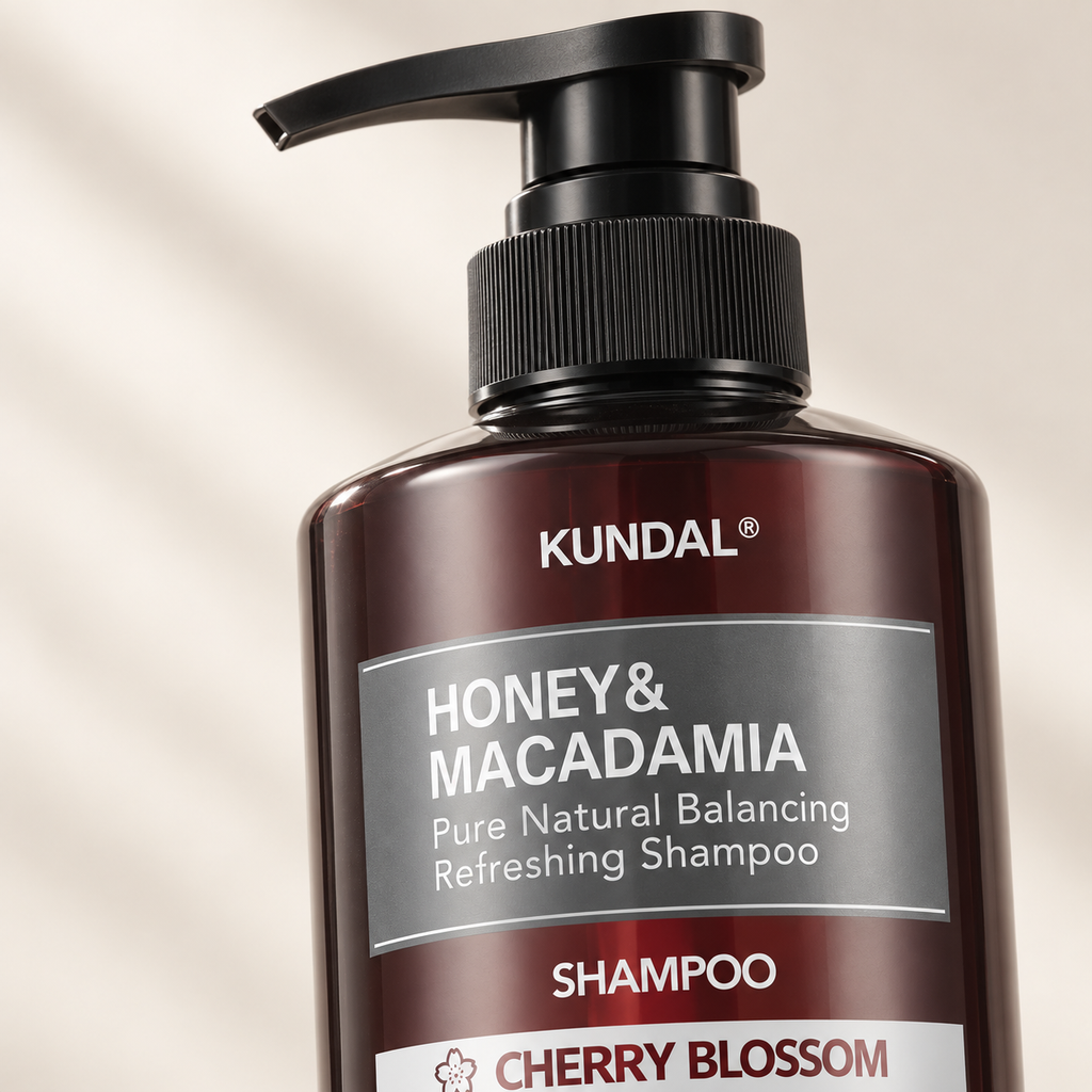Detalle de la etiqueta del Shampoo Kundal Honey & Macadamia Cherry Blossom 500 ml