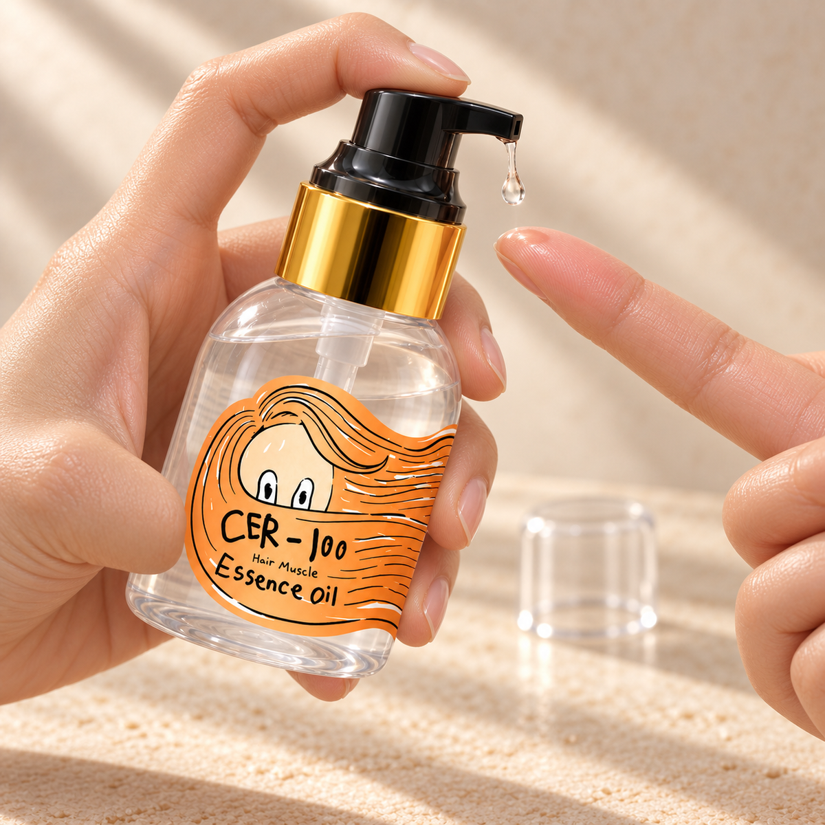 Mano dosificando el Aceite capilar Elizavecca CER-100 Hair Muscle Essence Oil 100 ml