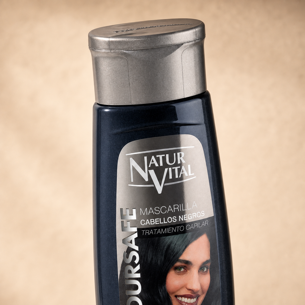 Detalle de la etiqueta de la Mascarilla con color NaturVital ColourSafe para cabellos negros 300 ml