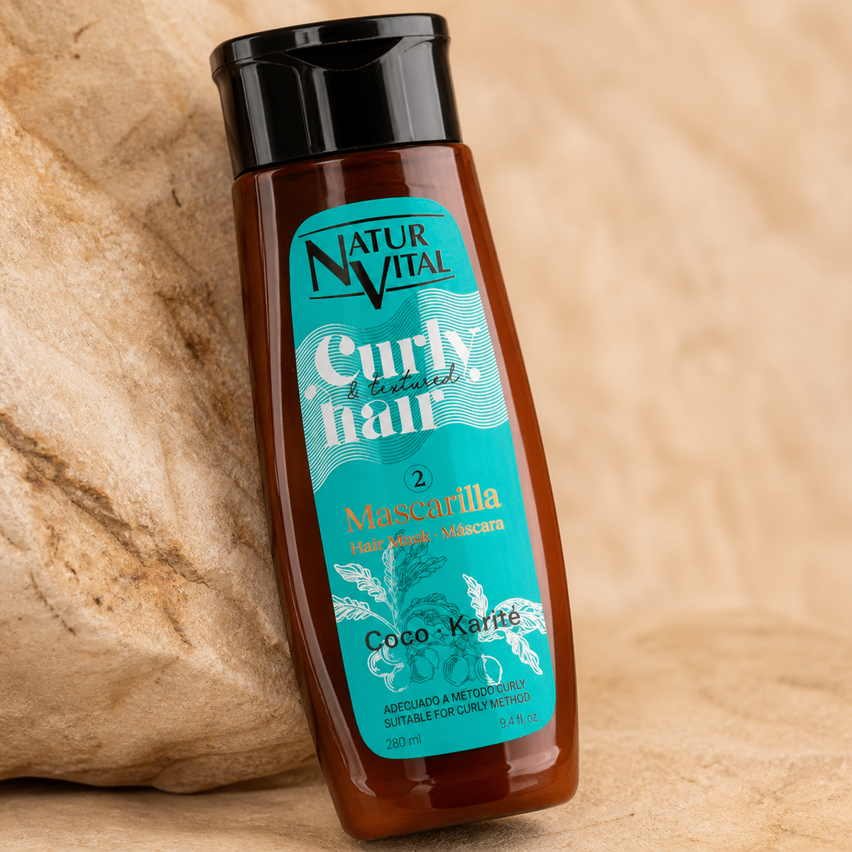 Detalle de la etiqueta de la Mascarilla NaturVital Curly para cabello rizado y ondulado 280 ml