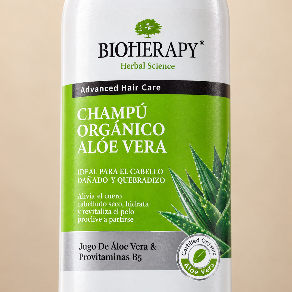 Detalle de la etiqueta del Shampoo Bioherapy Aloe Vera orgánico para cabello seco 330 ml