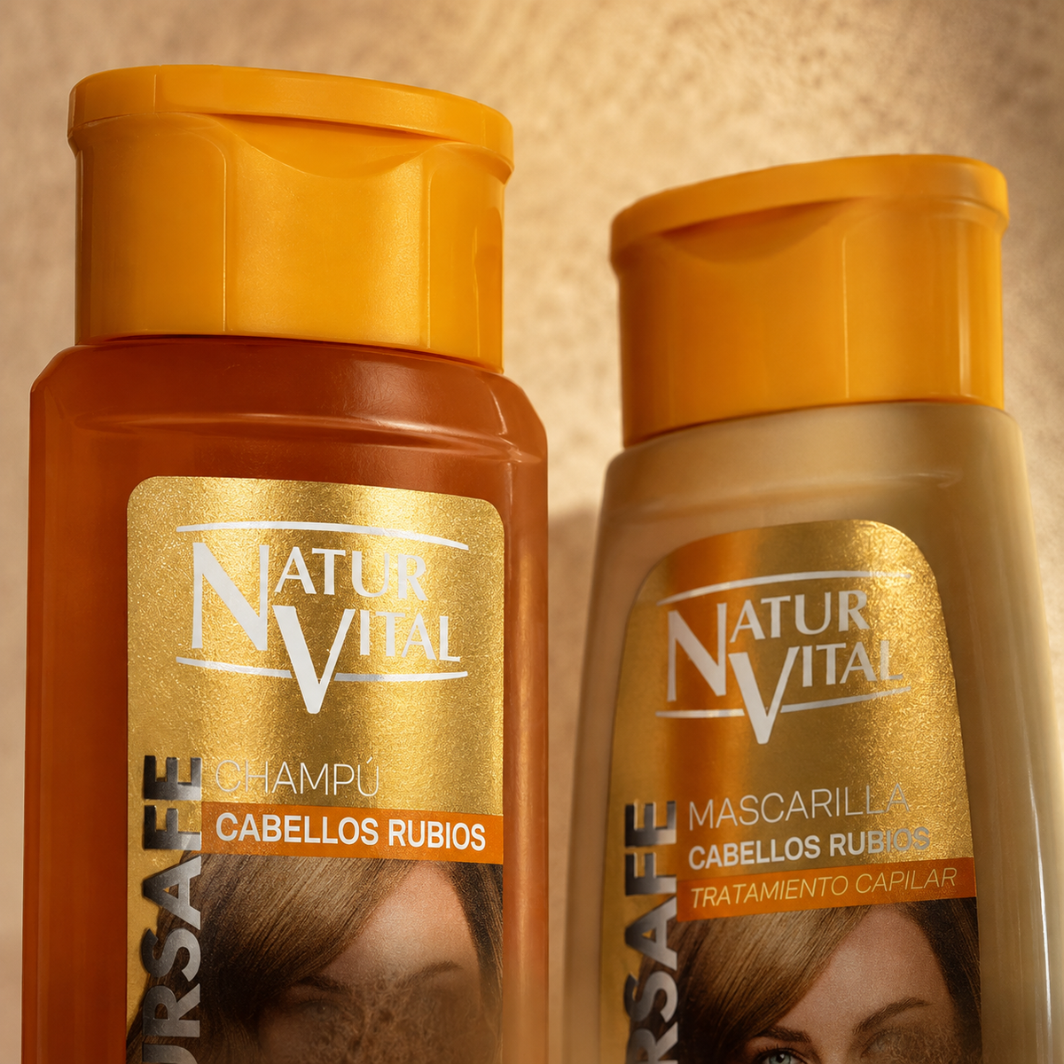 Detalle de las etiquetas del Dúo NaturVital ColourSafe cabellos rubios, shampoo y mascarilla
