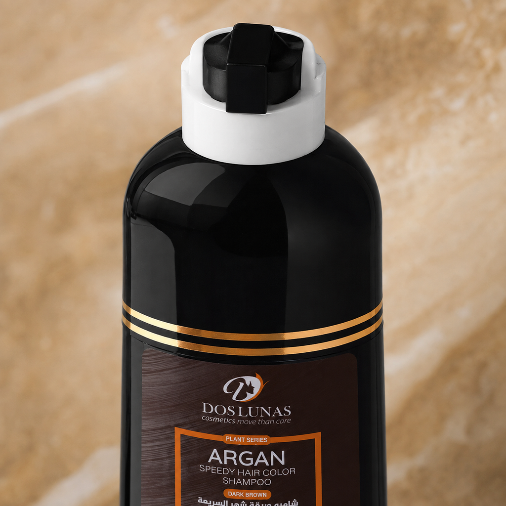 Detalle de la etiqueta del Shampoo colorante Dos Lunas Argán castaño oscuro 420 ml