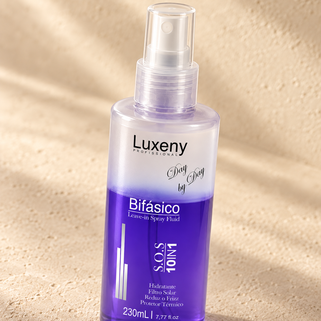 Detalle de las dos fases del Spray bifásico Luxeny 10 en 1 antifrizz y protector térmico 230 ml
