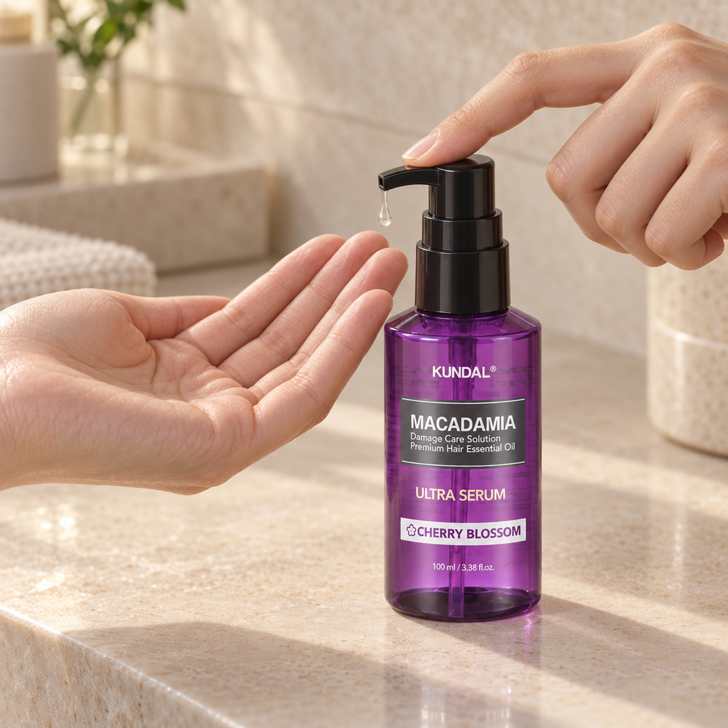 Mano dosificando el Sérum capilar Kundal Macadamia Ultra Cherry Blossom 100 ml en la palma