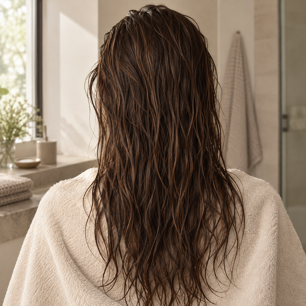 Mujer de espaldas con el cabello húmedo y toalla, uso del Spray bifásico Luxeny 10 en 1 antifrizz y protector térmico 230 ml