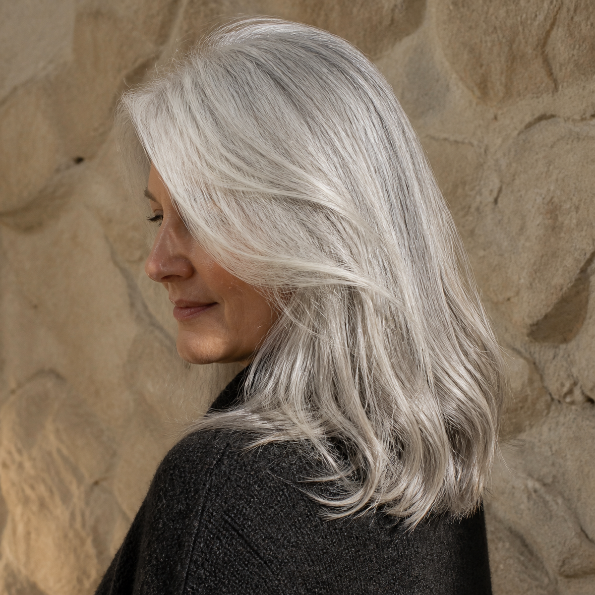 Mujer de cabello gris plateado, uso de la Mascarilla matizante NaturVital Silver para canas 300 ml