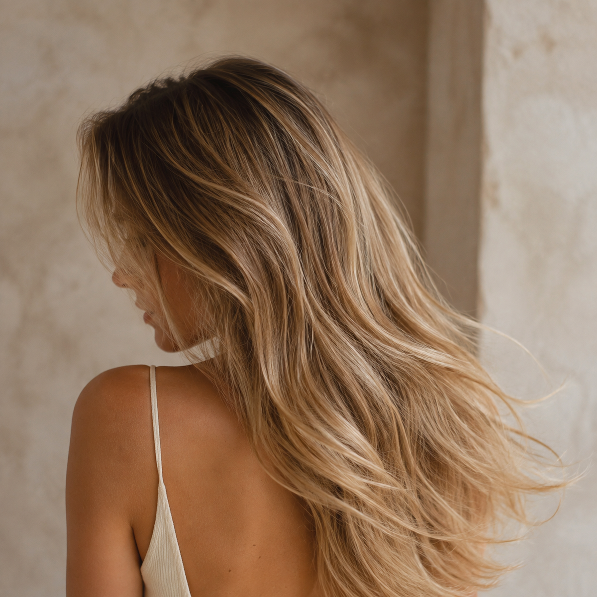 Mujer de espaldas con cabello rubio ondulado, uso del Dúo NaturVital ColourSafe cabellos rubios, shampoo y mascarilla