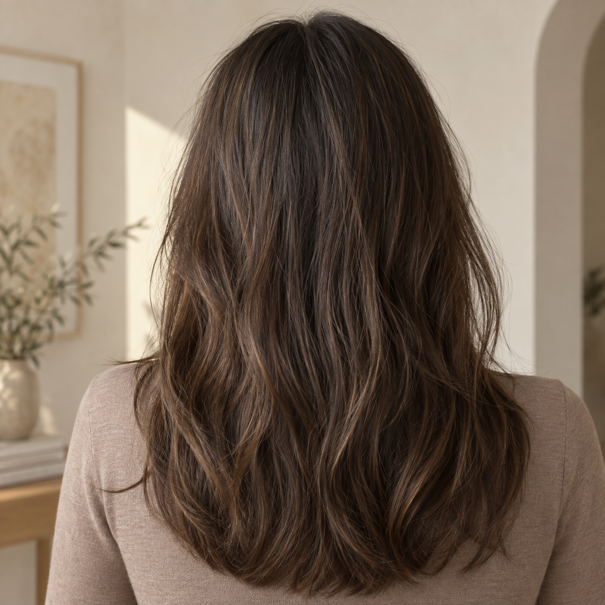 Mujer de espaldas con cabello castaño suelto, uso del Shampoo Kundal Tea Tree & Macadamia Cherry Blossom 500 ml
