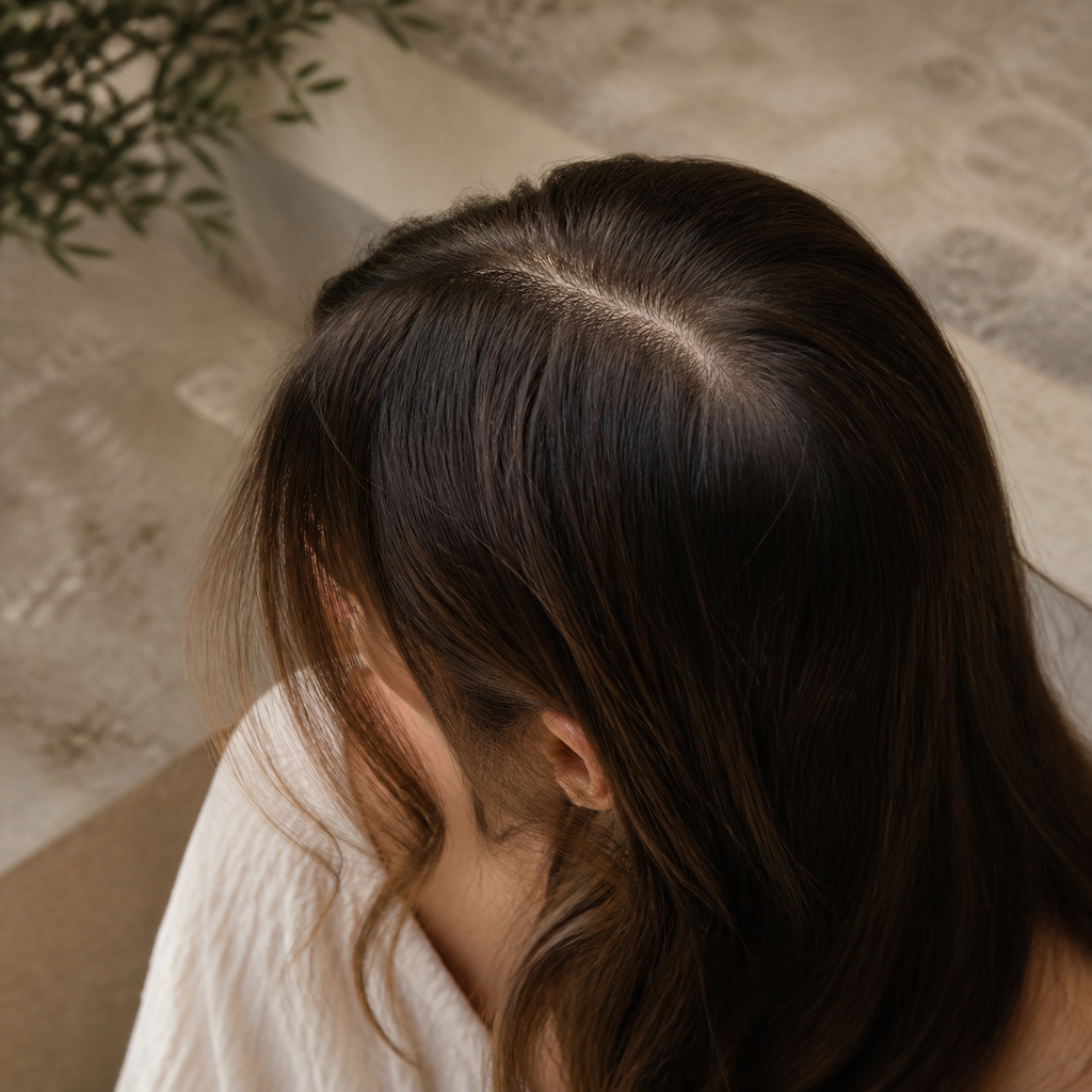 Cuero cabelludo visible al separar el cabello, uso del Shampoo NaturVital Sensitive anticaspa para cuero cabelludo sensible 300 ml