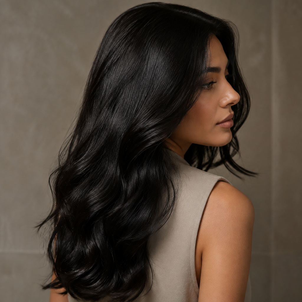 Mujer con cabello negro largo y brillante, uso del Shampoo colorante Dos Lunas Argán negro natural 420 ml