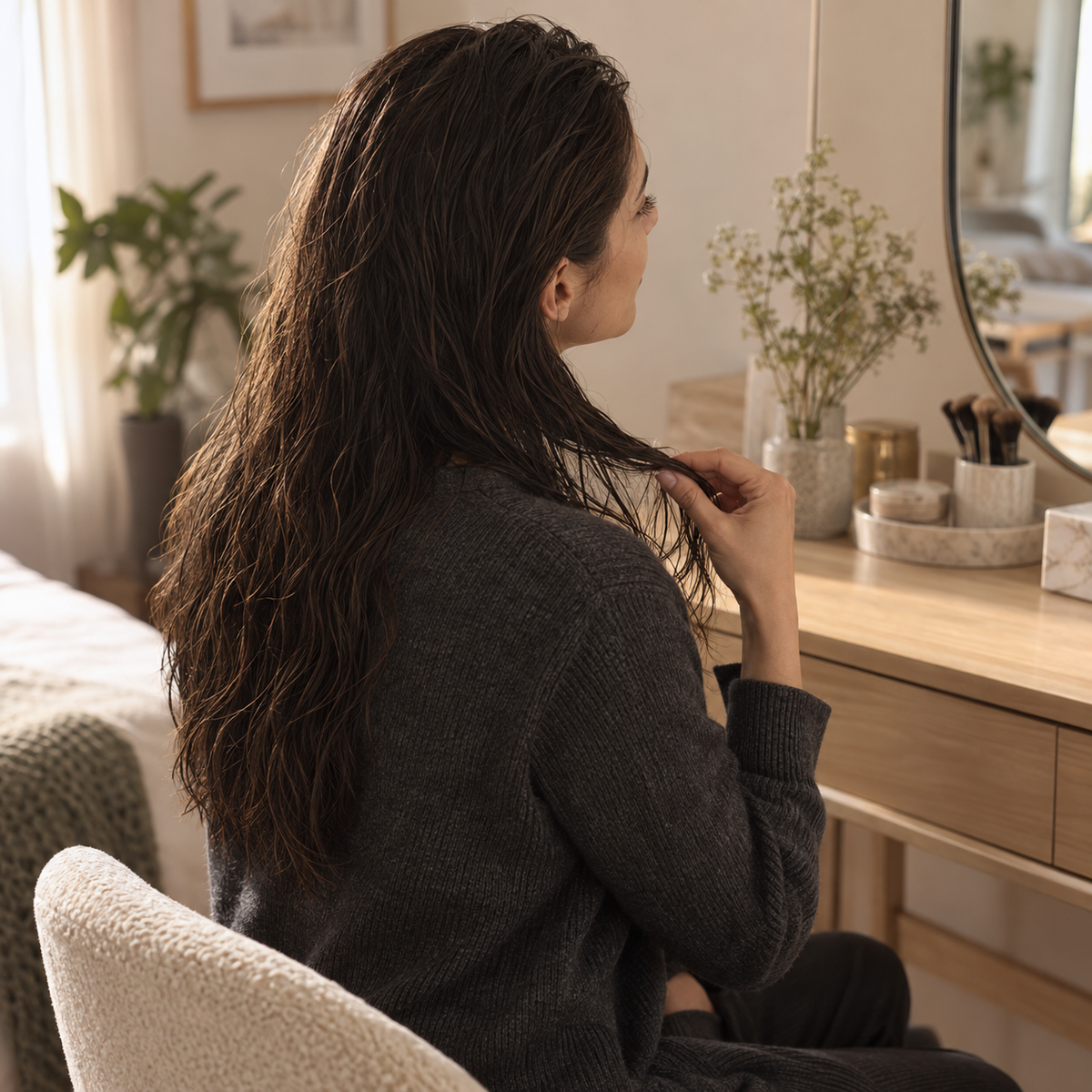 Mujer de espaldas peinando su cabello en el tocador, uso de la Esencia capilar Elizavecca CER-100 Protein Ion Injection 50 ml