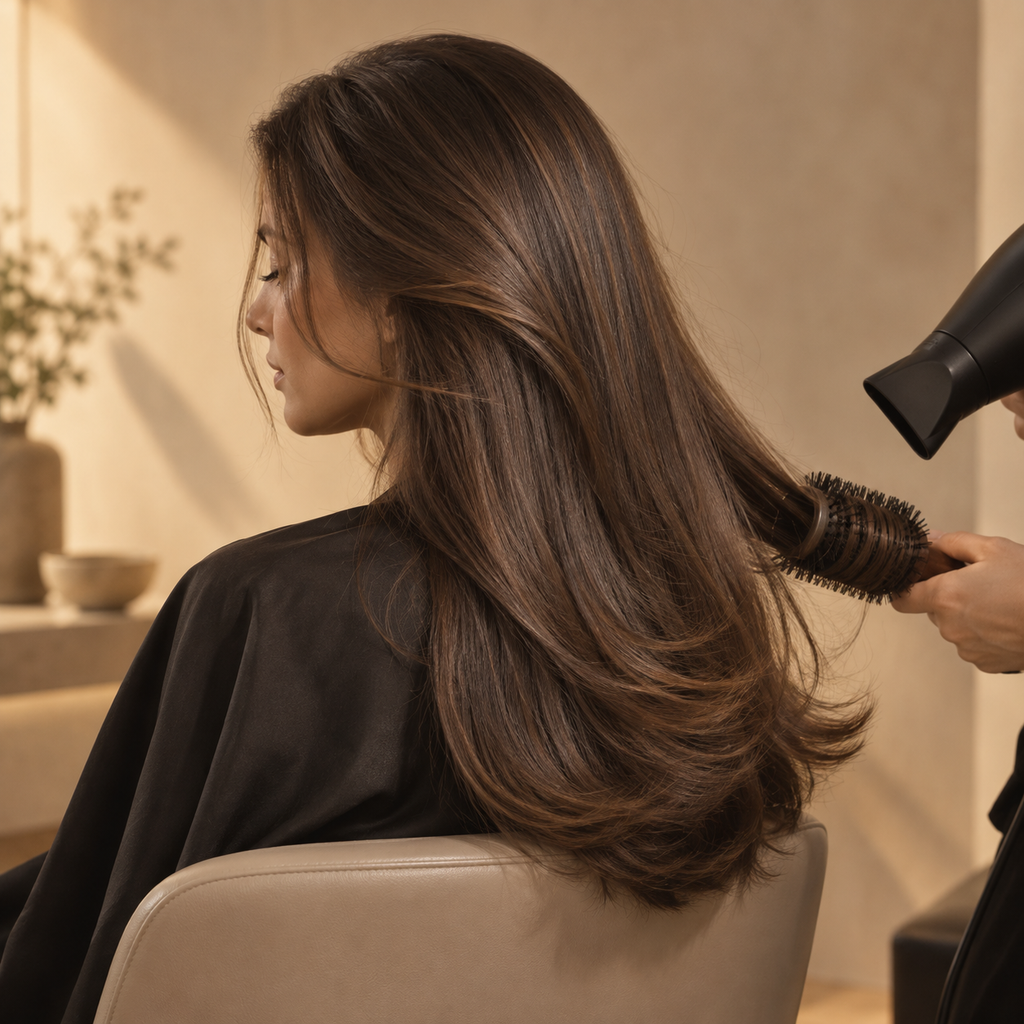 Secado con secador en peluquería, uso del Protector térmico Luxeny antifrizz para secador y plancha 120 ml
