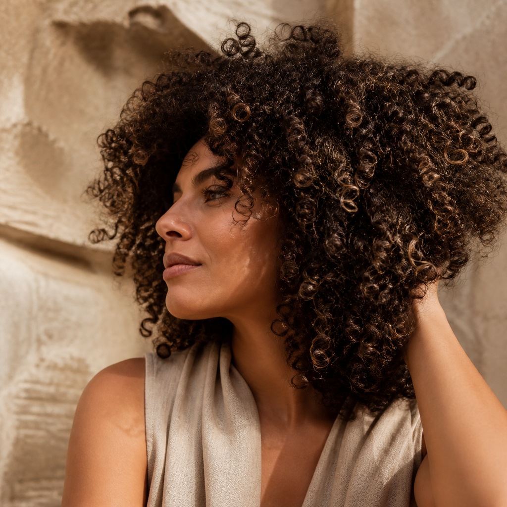 Mujer con cabello rizado y voluminoso, uso del Shampoo NaturVital Curly para cabello rizado y ondulado 280 ml