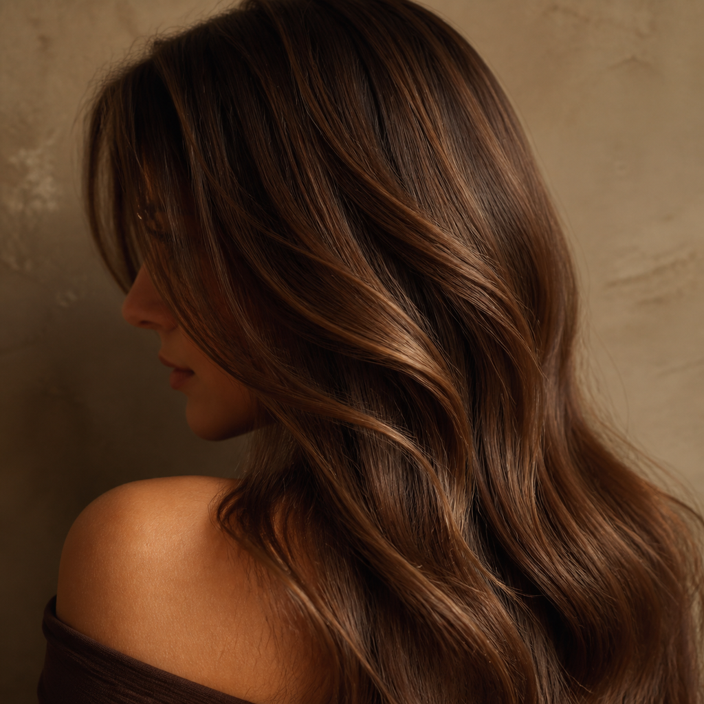 Cabello castaño brillante en primer plano, uso de la Mascarilla con color NaturVital ColourSafe para cabellos castaños 300 ml