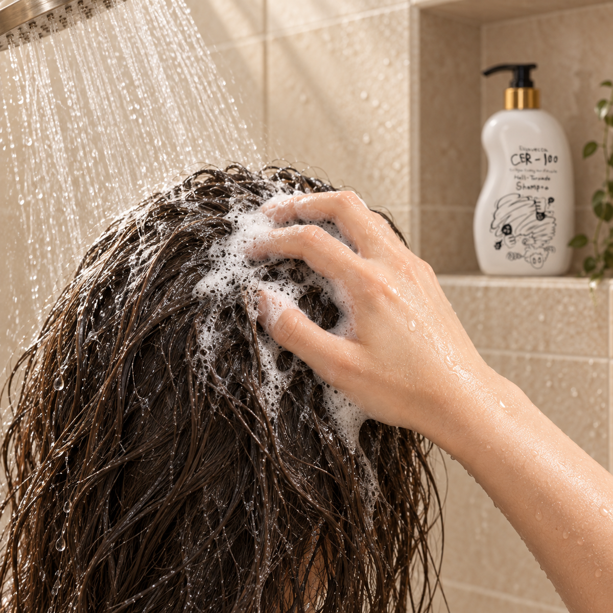 Lavado del cabello con espuma bajo la ducha, uso del Shampoo Elizavecca CER-100 Hell-Tornado refrescante 500 ml