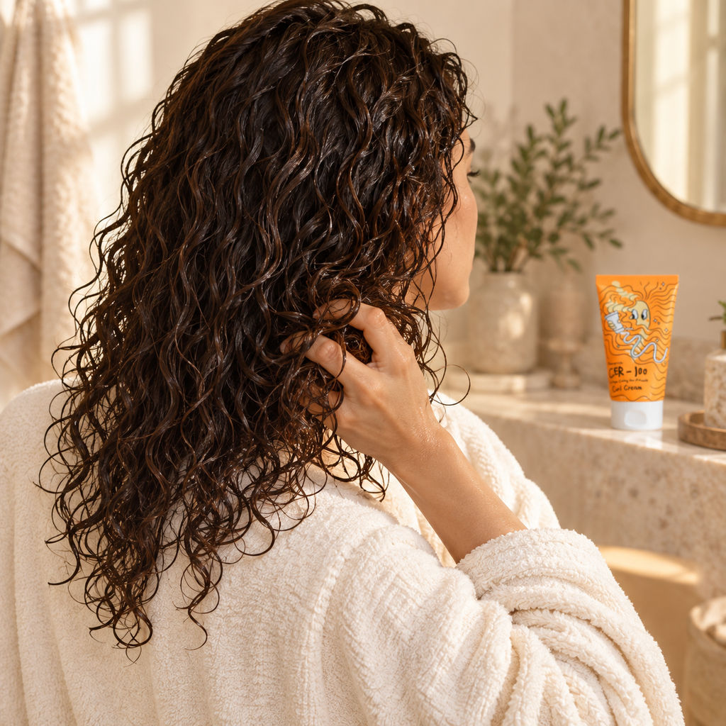 Mujer aplicando crema en sus rizos, uso de la Crema para rizos Elizavecca CER-100 Curl Cream 120 ml