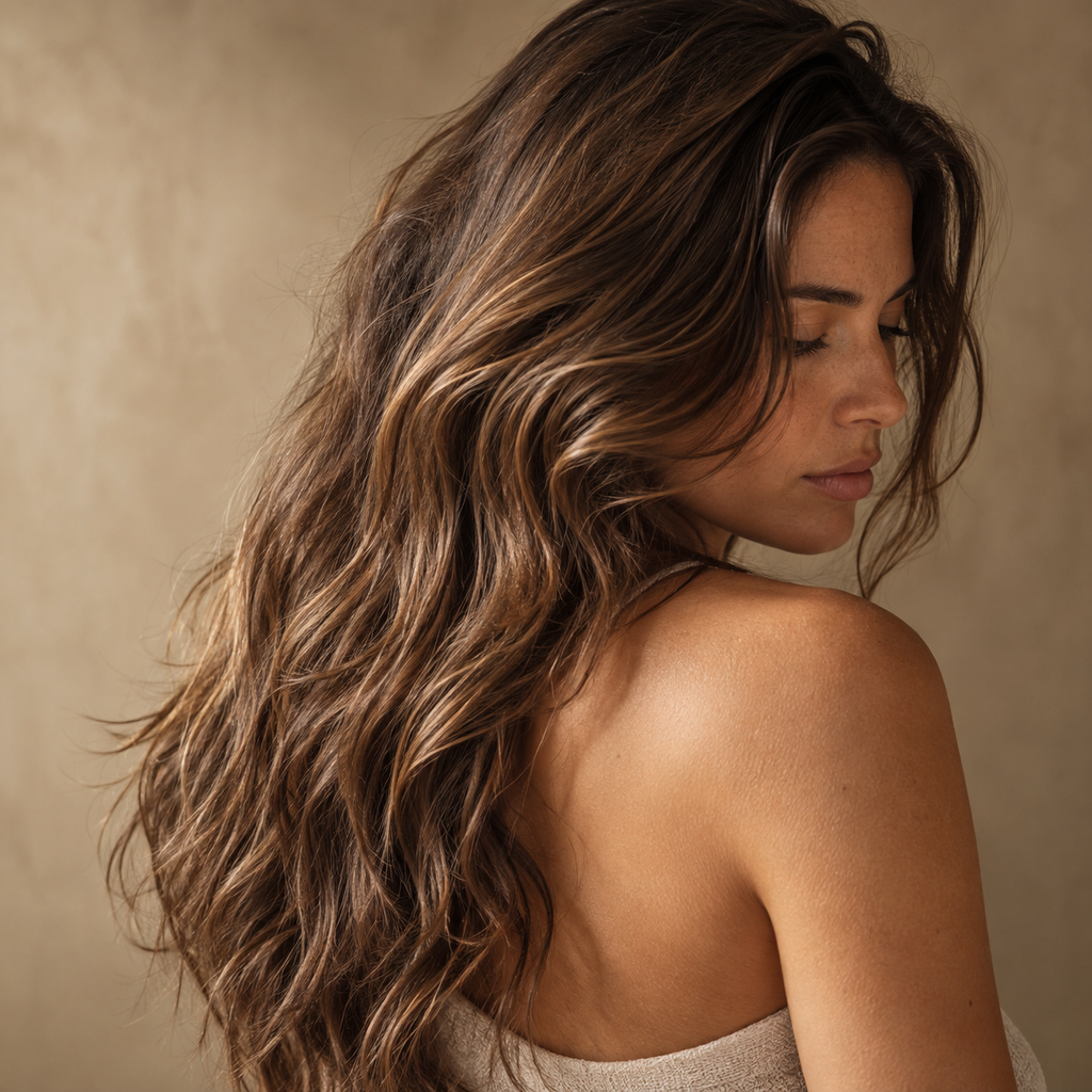 Mujer con cabello castaño ondulado, uso del Tratamiento capilar Luxeny Hair Power para reparación y frizz 60 ml