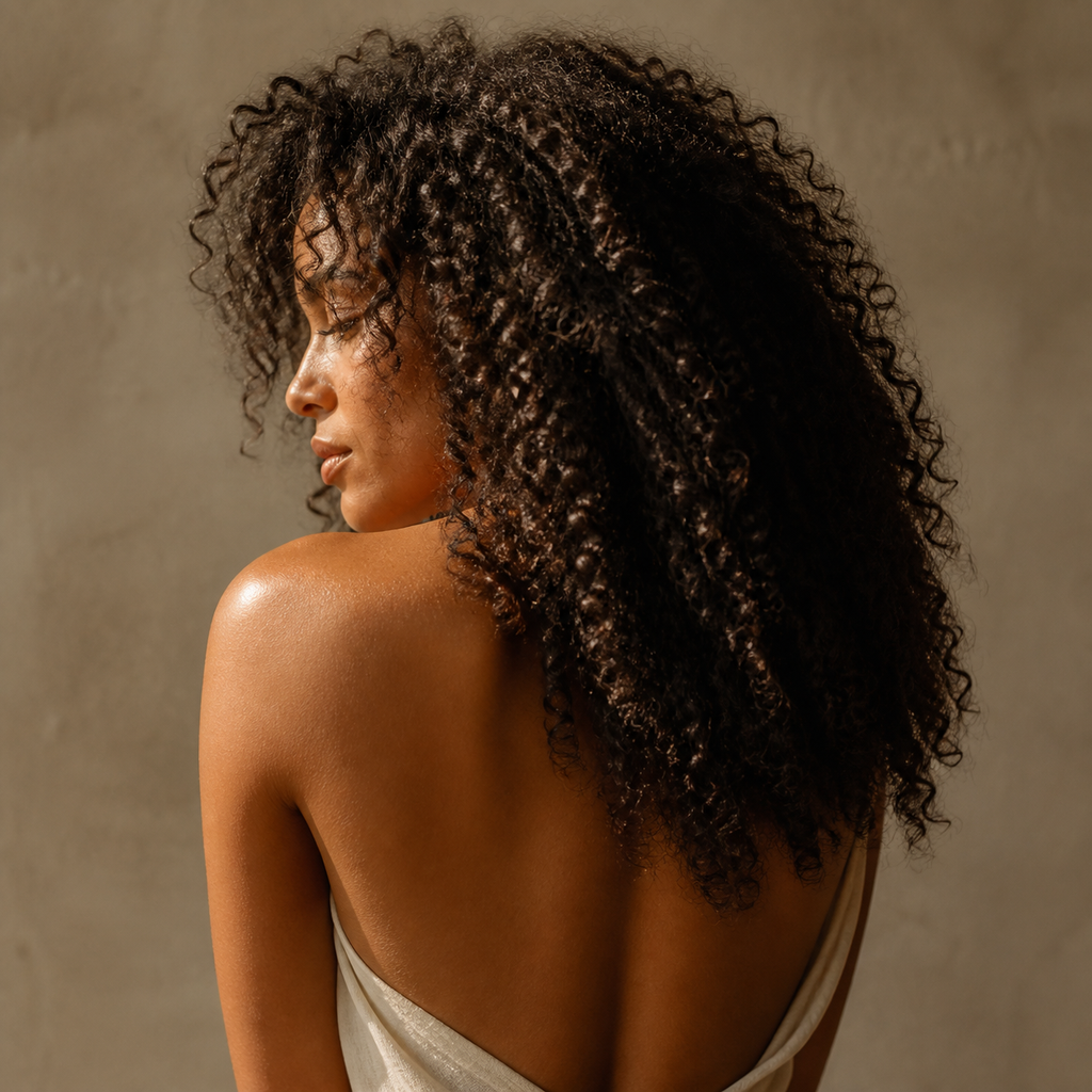 Mujer de espaldas con rizos definidos, uso de la Mascarilla NaturVital Curly para cabello rizado y ondulado 280 ml