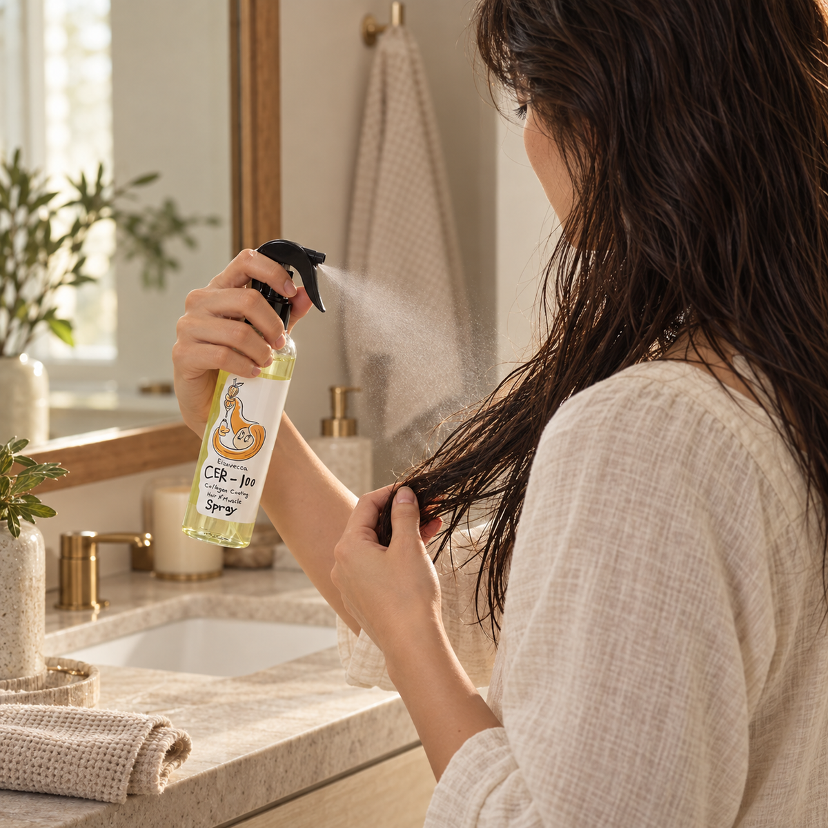 Mujer rociando bruma en su cabello, uso de la Bruma capilar Elizavecca CER-100 con colágeno 250 ml