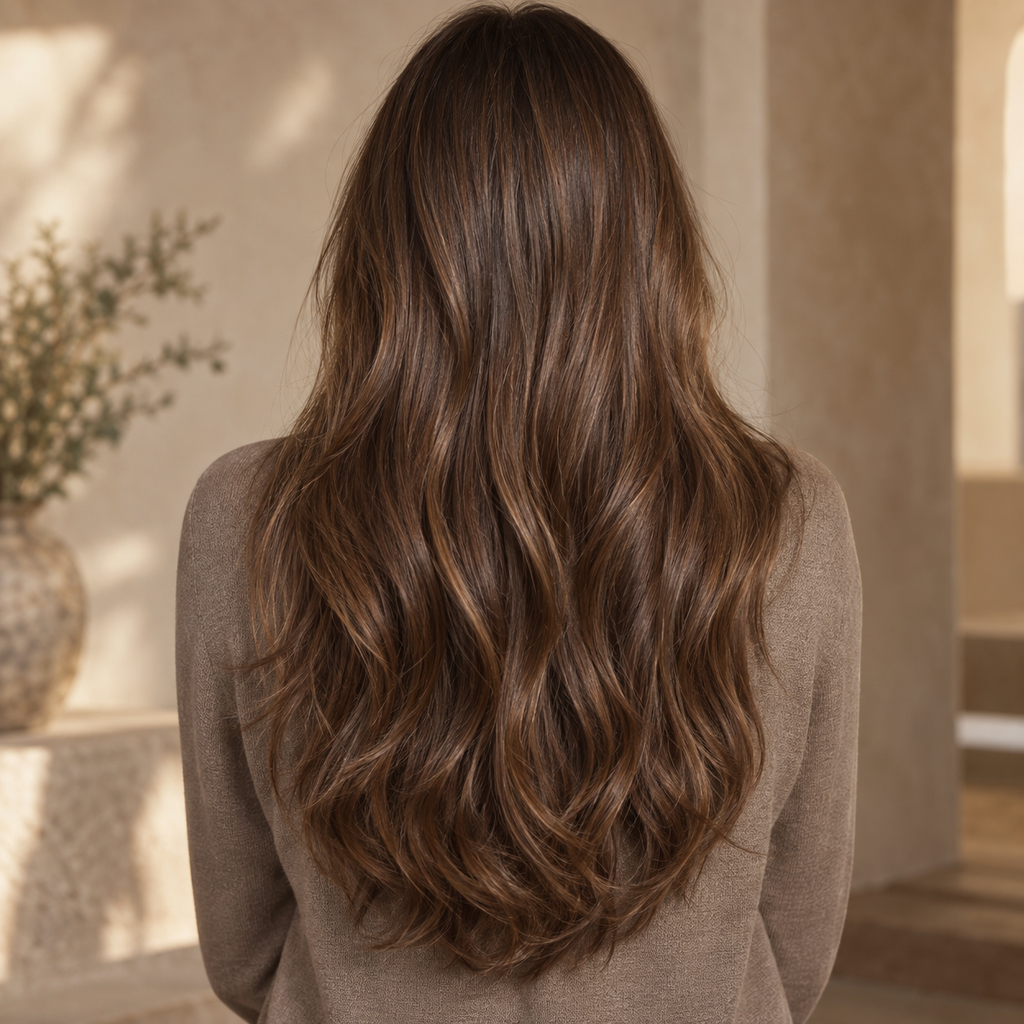 Mujer de espaldas con cabello castaño ondulado, acabado del Sérum capilar Kundal Macadamia Ultra Cherry Blossom 100 ml