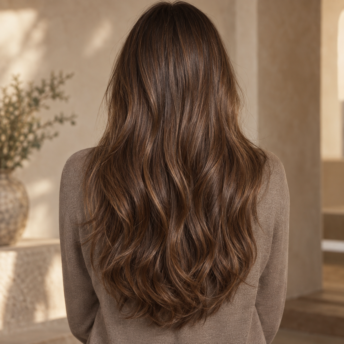 Mujer de espaldas con cabello castaño ondulado, acabado del Sérum capilar Kundal Macadamia Ultra Cherry Blossom 100 ml