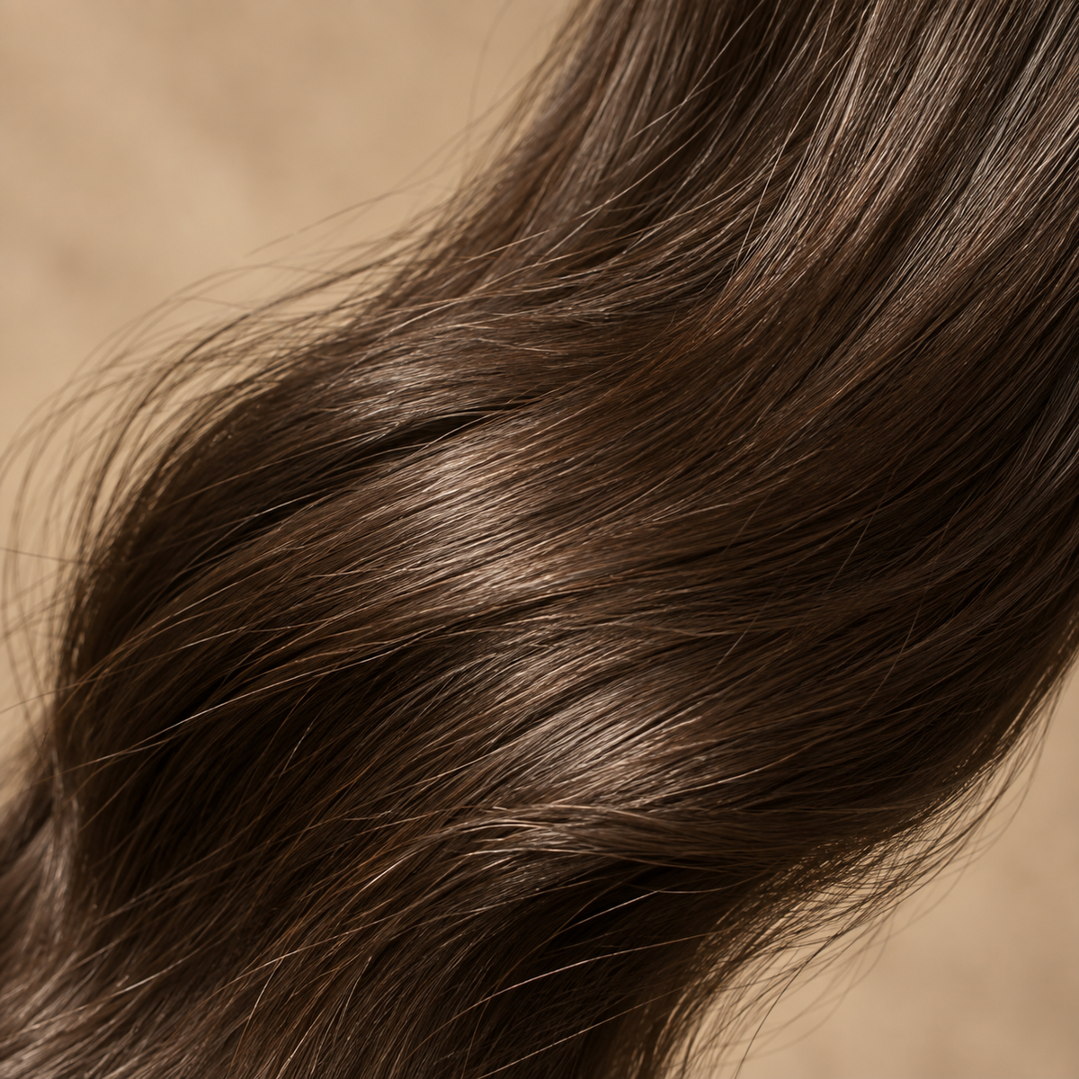 Cabello castaño suave en primer plano, acabado del Acondicionador Elizavecca CER-100 con colágeno y ceramida 500 ml
