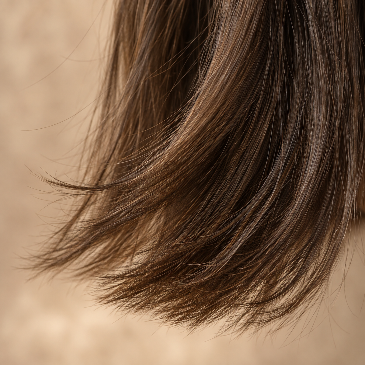 Puntas de cabello castaño con brillo en primer plano, acabado del Sérum capilar Luxeny antifrizz para puntas y brillo 60 ml
