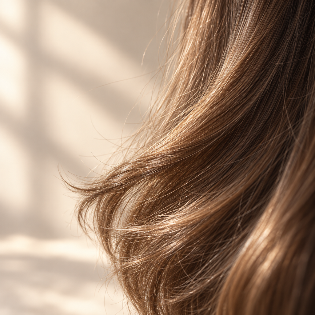 Cabello castaño ondulado y brillante en primer plano, acabado de la Esencia capilar Elizavecca CER-100 con colágeno 150 ml