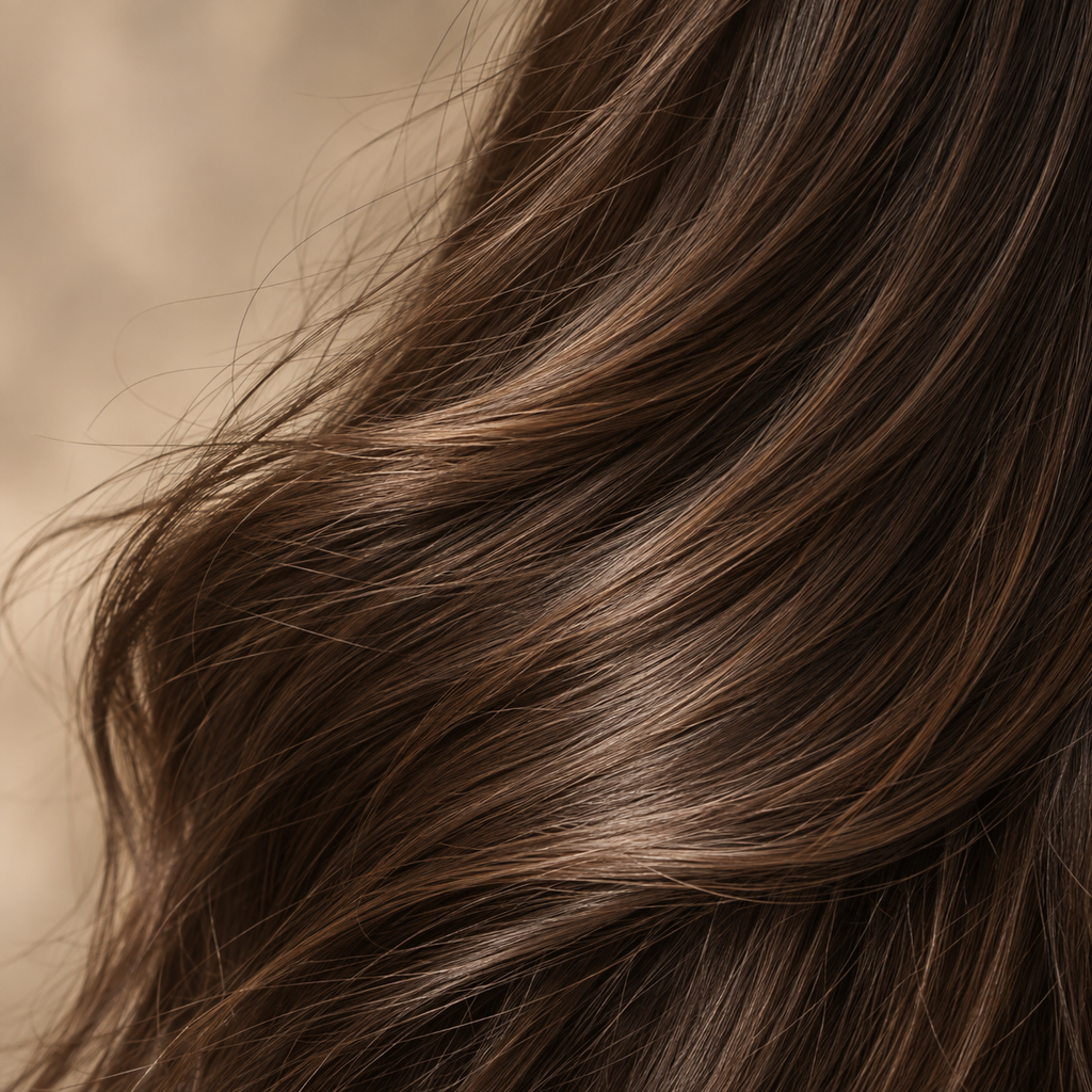 Cabello castaño liso y sin frizz en primer plano, acabado del Protector térmico Luxeny antifrizz para secador y plancha 120 ml